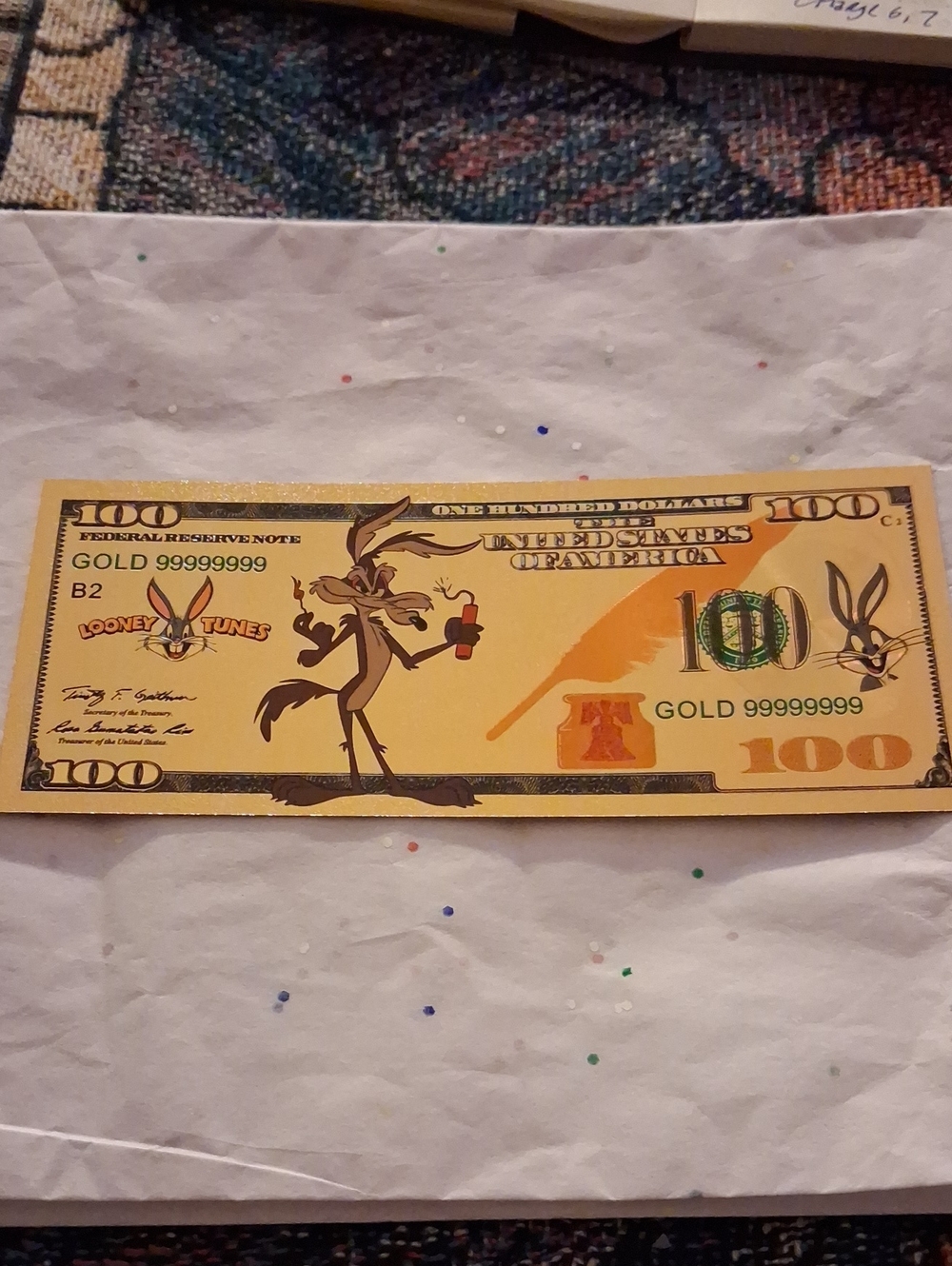 Warner Bros. Looney Tunes Gold and Green Novelty $100 Bill